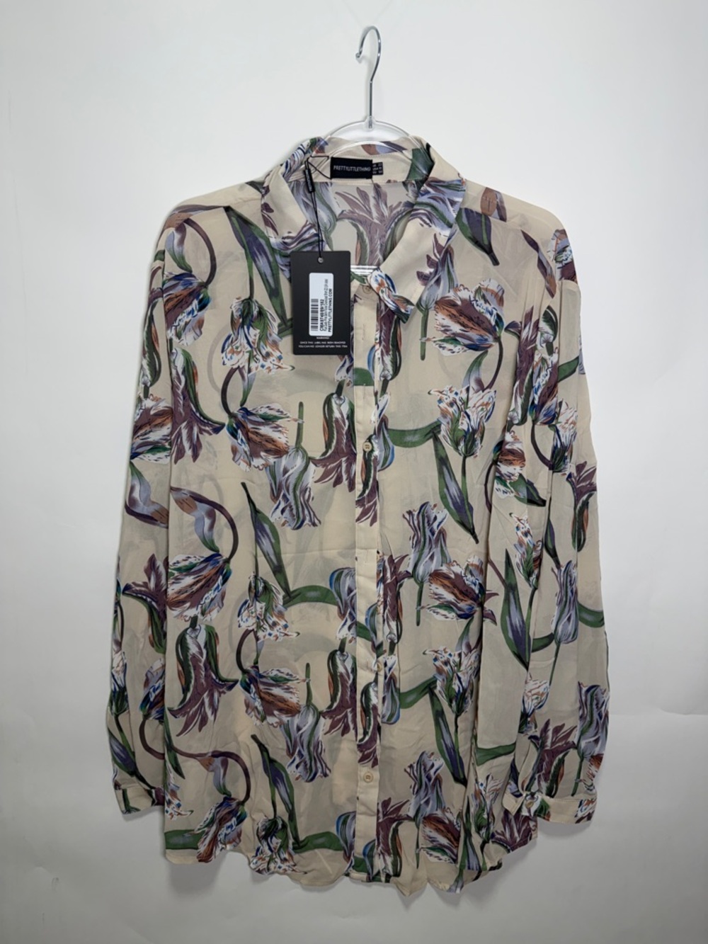 Beige Floral Button-Up Shirt with Green & Purple Print